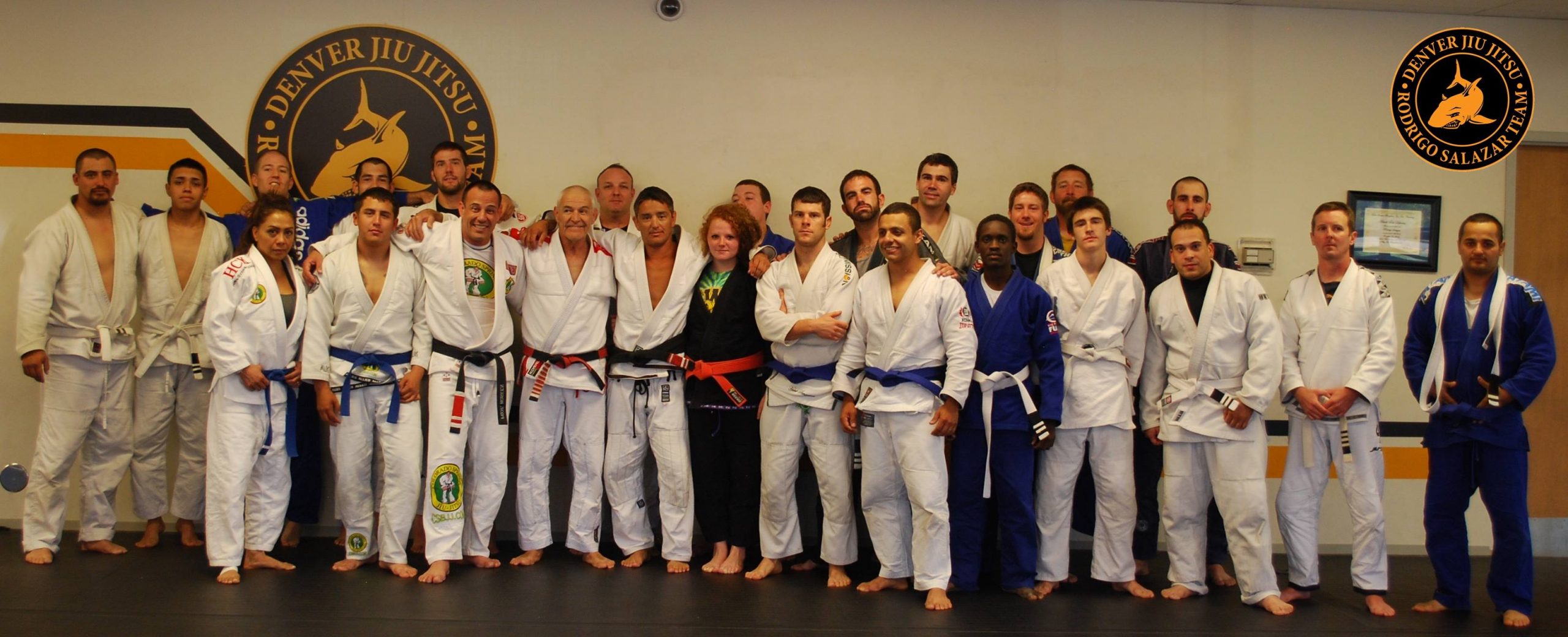 Denver Jiu Jitsu team group photo in gis at the academy